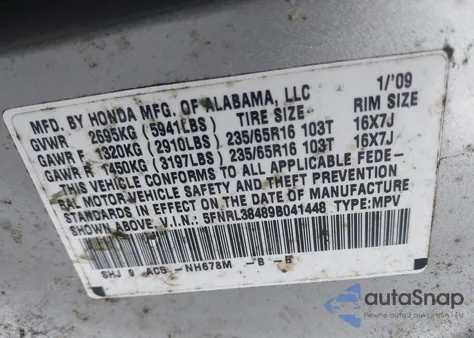2009 Honda Odyssey Ex z USA, uszkodzony, nr VIN 5FNRL38489B041448